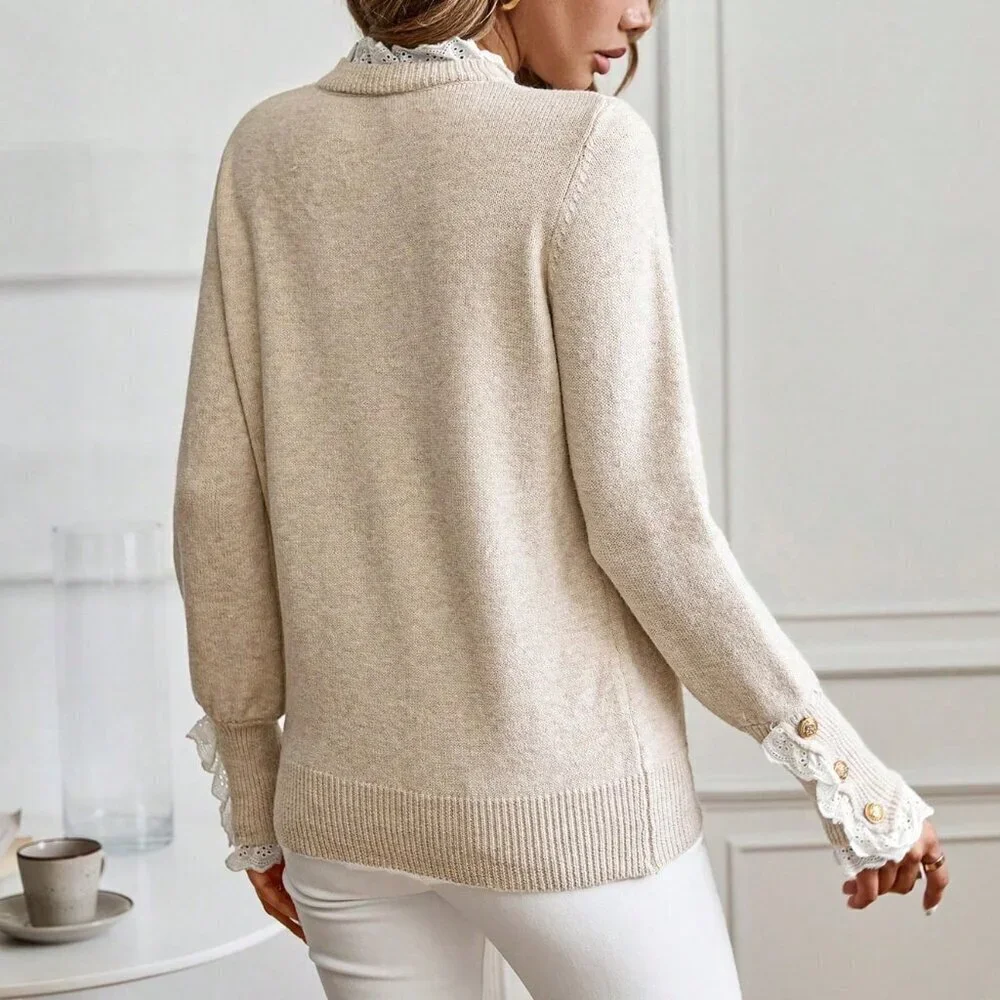 Apricot Casual Women's Floral Trim Crew Neck Long Sleeve Knitted Sweater